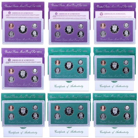 1990-1998 Proof Set Run Original Box  & COA CN-Clad 9 Sets 45 Coin Lot US Mint Cover