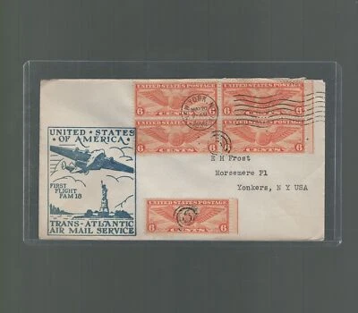 US Scott c19 Block on 1939 Pan Am Flight New York to Marseille France - Yonkers  - Image 1 of 2