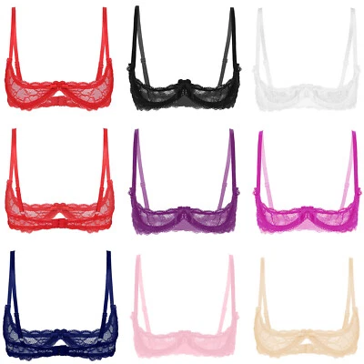Womens Floral Lace Bra 1/4Cups Underwire Push Up Shelf Bra Wire-Free Brassieres - Image 1 of 4