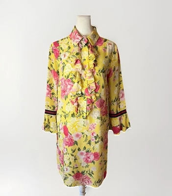 Flavio Castellani Silk Dress US 8 / IT 44 Yellow Floral Ruffle Long Sleeve Party - Image 1 of 4
