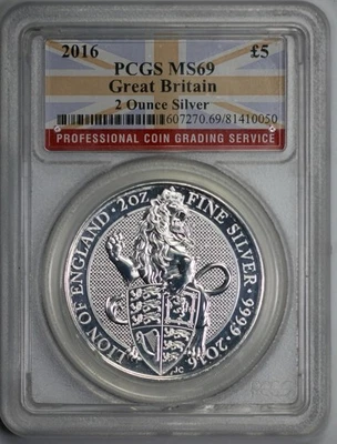 Gran Bretaña 2016 5 libras 2 OZ león de plata graduación profesional MS 69 Foto 1 de 4