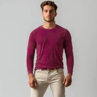 American Eagle -Distressed Crew Neck LS t Shirt Mens M 41x26 33"Slv Burgundy - Image 1 of 4