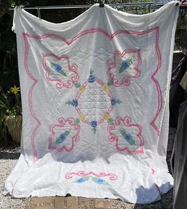 Colcha de chenilla vintage cubierta de cama 97" x 80" acolchada floral cottagecore - Imagen 1 de 12
