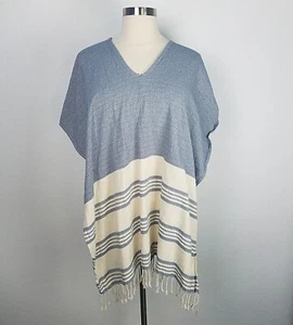 Tribe Alive Poncho Blue Ivory Striped 100% Cotton Made in India One Size  - Picture 1 of 7