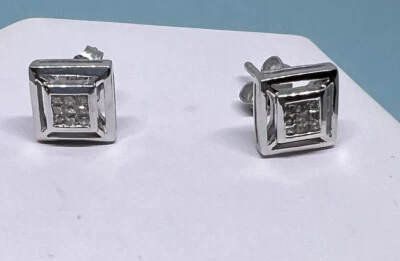 Diamond earrings 14k white gold square 7 mm width 9 princess cut Invisible Set - Image 1 of 4