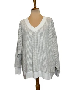 American Eagle Oversize V-Ausschnitt Waffel Strick Pullover Damen L beige/creme Baumwolle - Bild 1 von 6