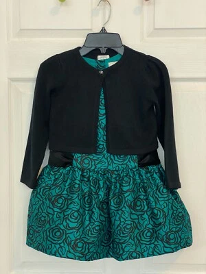 Nuevo Gymboree Niñas 4T Verde Negro Lazo Encaje Vacaciones Vestir Cárdigan Suéter Conjunto Foto 1 de 4