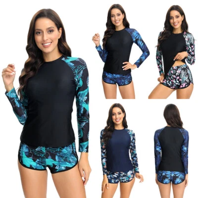 Traje de baño Rash Guard para mujer manga larga 2 piezas XS pequeño mediano talla 2-10 acolchado Foto 1 de 4