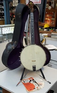 ALTE VINTAGE 4-SAITEN TENOR BANJO & HARTHÜLLE SCHÖNES HOLZ 20 LASCHEN STREIFEN HALS - Bild 1 von 12
