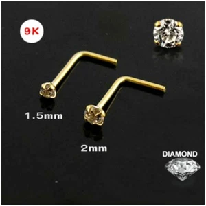 1x 22g 9K L-Shape Solid Gold Genuine Round 2MM Diamond Nose Stud Ring 9KND003-2M - Picture 1 of 1