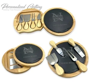 Engraved Slate Cheese Board Personalised Wood 4 Piece Serving Set Wedding Gift - Picture 1 of 27