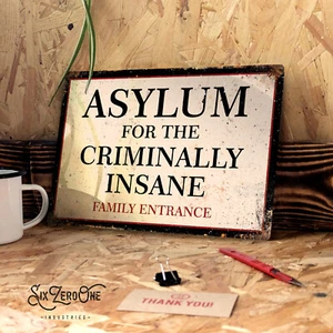 ASYLUM Family Entrance Metal Wall Sign Bedroom Man Cave Vintage Plaque Garage - Picture 1 of 6