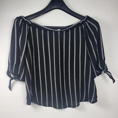 Blusa Top Active USA Para Mujer Blanco y Negro Rayas Manga 3/4 Corbata Talla Mediana Foto 1 de 4