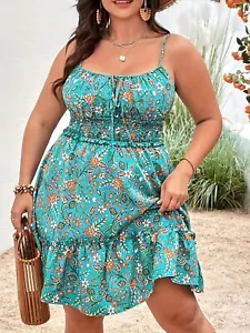 Plus Size Floral Sling Dress Summer Vintage Ruffle(676) - Picture 1 of 9