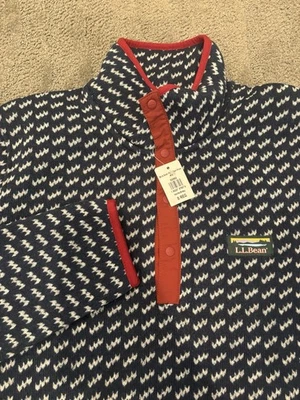 LL Bean Fleece Pullover Quarter Zip Snap Birdseye Houndstooth Men Small Blue Red - Image 1 of 4