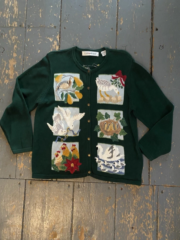 Cárdigan de punto verde vintage Claire Murray suéter perdiz pera árbol Navidad XL Foto 1 de 4