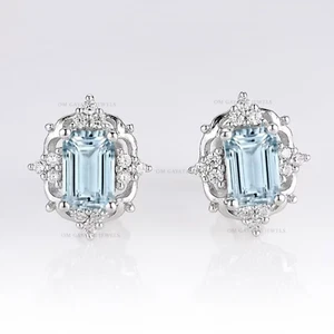 Genuine Aquamarine Stud Earrings Emerald cut Earrings 925 Sterling Silver - Picture 1 of 5