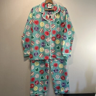 Pottery Barn Teen Pajama Set Size Small 2 piece Flannel Cotton Love Peace Heart - Image 1 of 4