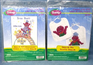 Vintage Barney Cross Stitch Kits Birth Announcement and Bibs 1997 Janlynn 1990s - Picture 1 of 7