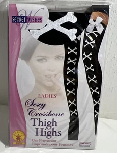 Sexy Crossbone Thigh High Stockings Skull & Bows Black & White  Halloween - Picture 1 of 8