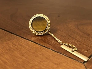 Vintage gold tone brown tigers eye stone round tie tack with chain - Picture 1 of 1
