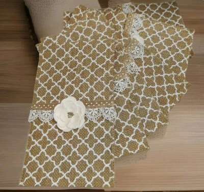 Juego de Bolsillos para Utensilios 8 Piezas Arpillera Blanco Diseño Cuadrifolio Flor Adorno Foto 1 de 4