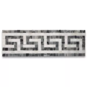 B0099H Greek Key Thassos White Bardiglio Gray Marble Mosaic Border Tile - Picture 1 of 8