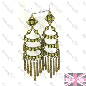 5"LONG green/black/moonstone BIG CHANDELIER EARRINGS retro VINTAGE BRASS/SILVER - Picture 1 of 7