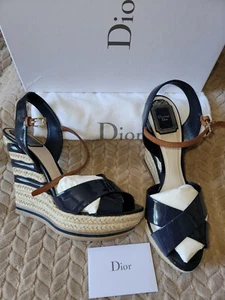 Dior WEDGE Sandals Size 40 Fits 9-10US. RIVIERA Bleu Patent Leather Heel 4inch - Picture 1 of 12
