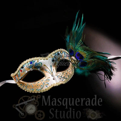 Women's Peacock Feathered Venetian Mardi Gras Masquerade Mask [Turquoise/Gold] - Image 1 of 4