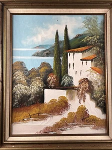 Pintura al óleo original italiana de villa junto al mar - Firmada 'Costa' - De colección 16x20 - Imagen 1 de 23