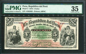 Peru 1879, 5 Soles, P3, PMG 35 VF