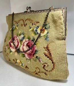Vintage Handmade Needlepoint Purse Lined Kiss Lock Chain Handle Double Side - Picture 1 of 10
