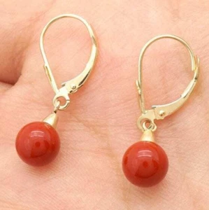 7 mm Ball Shaped Red Coral Leverback Dangle Earrings 14K Solid Yellow Gold 1" - Picture 1 of 5