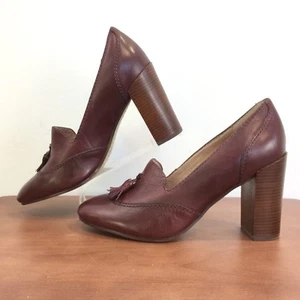 Lands End Stowe Sz 8B Burgundy Leather High Heel Tassel Pumps Shoes Womens 8B - Picture 1 of 11