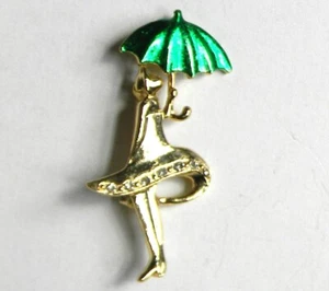 MARESCO Jewelry 1.5" x 2.25" ~ Girl with Green Umbrella ~ Gold-Tone Pin - 45 - Picture 1 of 4