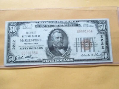 1929 $50 THE FIRST NATIONAL BANK OF MCKEESPORT, PENNSYLVANIA RARE - Image 1 of 4