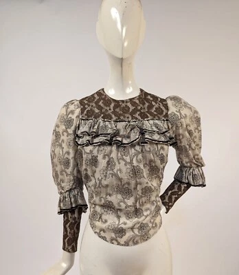 EARLY EDWARDIAN FLORAL PRINT MUSLIN BLOUSE W BROWN LACE + RUFFLE TRIMS - Image 1 of 4