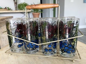 Vintage Set 8 MCM Glasses Caddy Carrier rose grapes wine bar drinking Naples - Bild 1 von 19