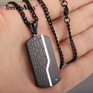 Collar con colgante de etiqueta de perro de acero inoxidable con cadena de bordillo negra de circonita cúbica transparente - Imagen 1 de 13