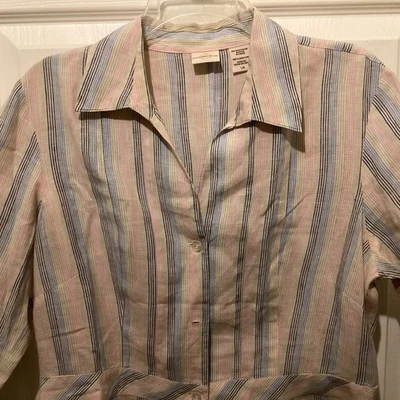 Covington Office Button Up Top Blouse Shirt Linen ~L~Striped Collared~EUC - Image 1 of 4