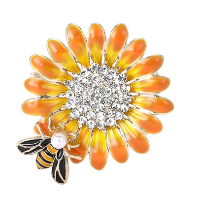 Sunflower Bee Brooch Rhinestone Gold Tone Flower Insect Pin, Jewelry Summer Gift - Image 1 of 4