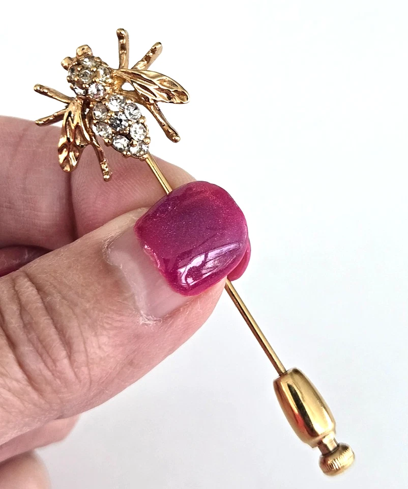 Vintage Panetta Bee Clear Rhinestone Gold Tone Stick Pin 2-5/8" - Image 1 of 4