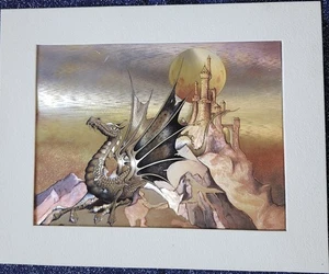 Vintage Gold Dragon Castle Folienkunst PAUL Savage 6" x 8" holografisch England - Bild 1 von 8