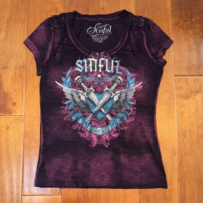 Vintage Sinful By Affliction Shirt Womens Purple Large Graphic T-Shirt Y2K Wings - Image 1 of 4
