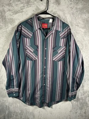 Plains Western Wear Long Sleeve Pearl Snap Shirt Mens XL Green Striped Cowboy - Image 1 of 4