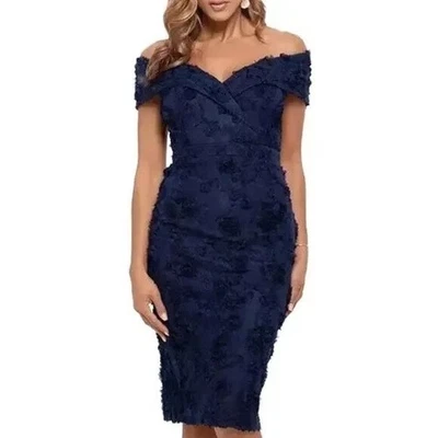 Xscape Womens Juniors 8 Navy Blue Lace Off The Shoulder Mini Dress NWT AD13 - Image 1 of 4