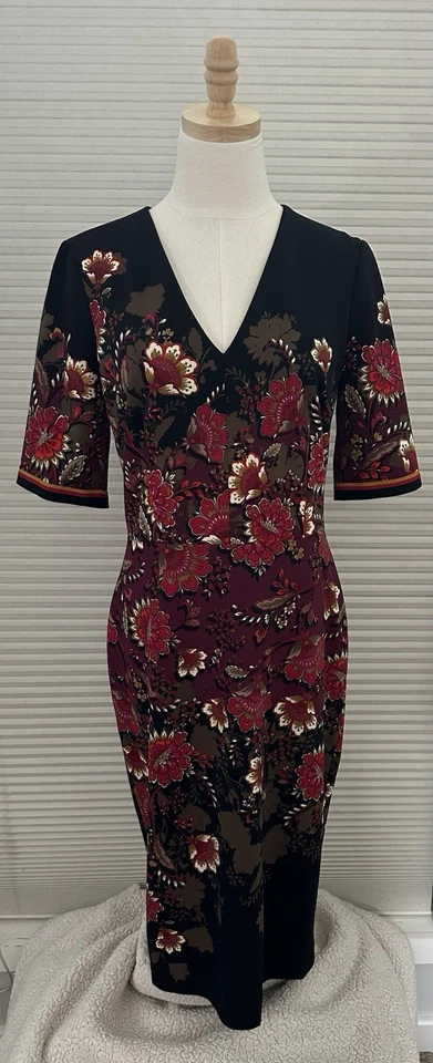 Vestido Vaina Maggy London Floral Buceo Midi Talla 10 Marrón Negro Rojo Foto 1 de 4