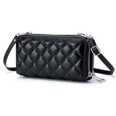 Genuine Leather Women Double Zip Wallet Phone Bag Crossbody Shoulder Pack Black - Image 1 of 4