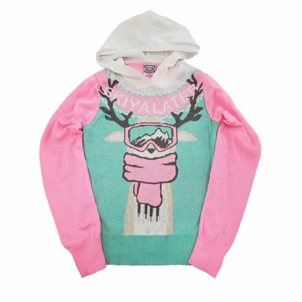 Women Hot Pink Ski YA Later Deer Hoodie Long Sleeve Lightweight Knit Sweater S